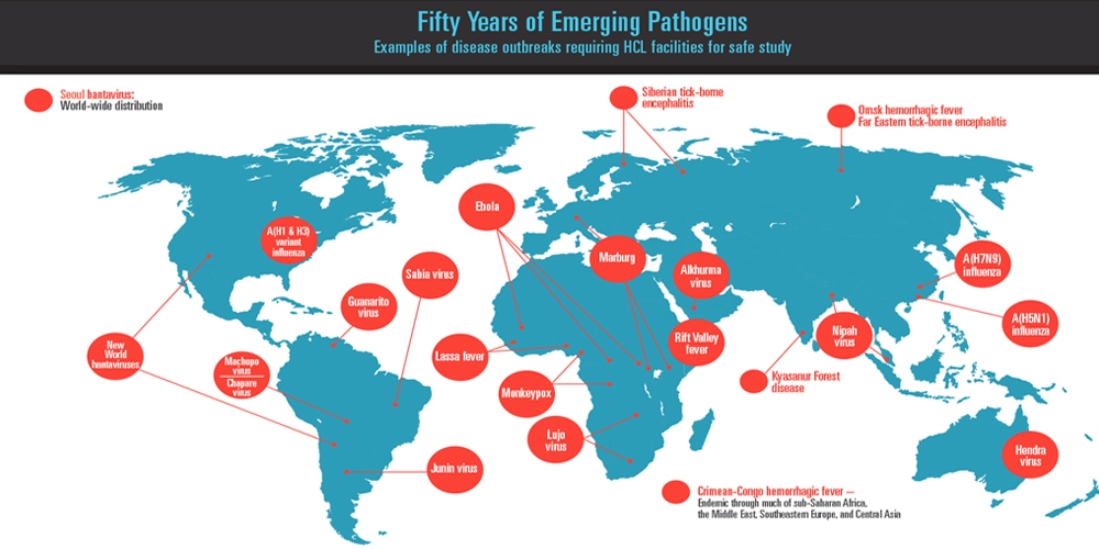A map showing fifty years of emerging pathogens across the world.