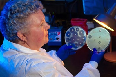 Control (CDC) microbiologist Kitty Anderson holding up two Petri dish culture plates growing bacteria in the presence of discs containing various antibiotics