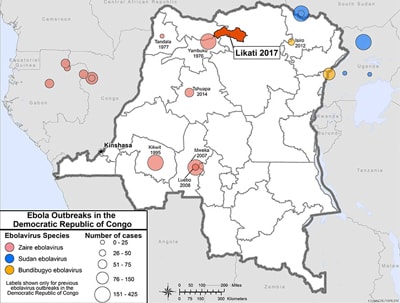 Small map image of ebola outbreaks in the democratic republic of congo. 
