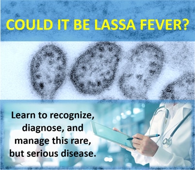 Lassa fever banner with images of disease and doctor checking off a list of how to recognize and diagnose the disease.