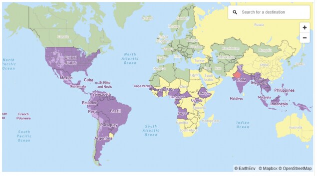 A world map showing zika travel guidance.