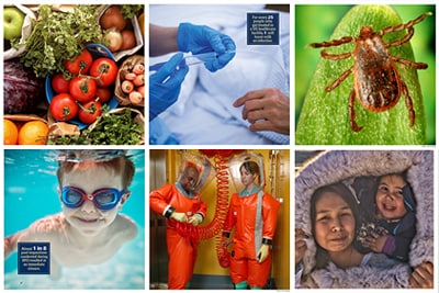 Combined image showing food, healthcare, ticks, child swimming, scientists in safety gear, and native woman and child- link to Our Topics