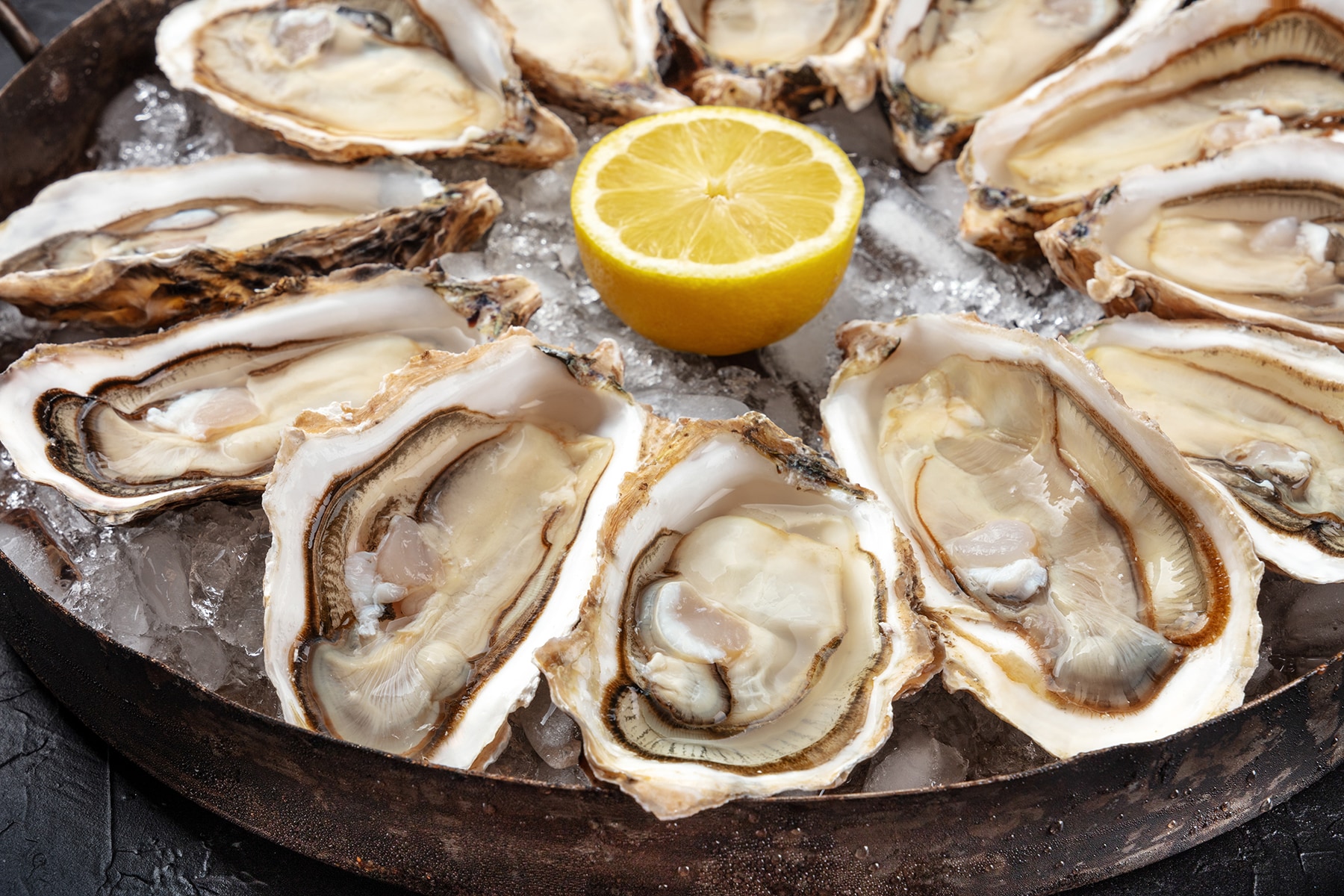 Photo of raw oysters on a platter.
