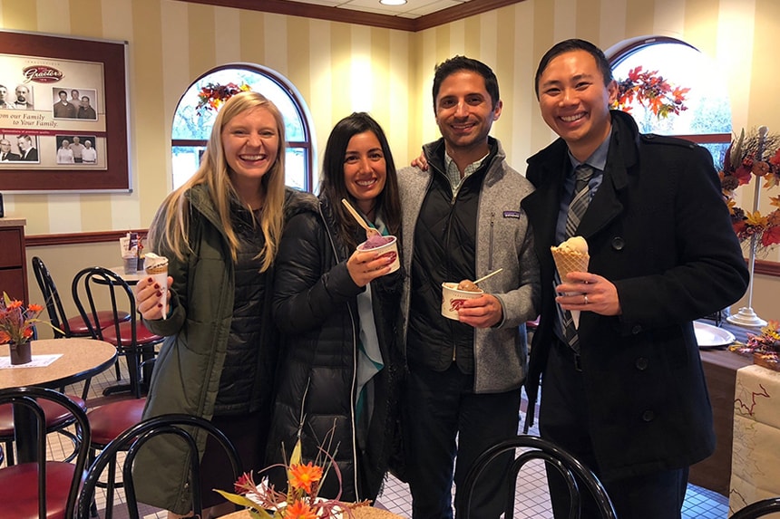 Erin Blau (Kentucky EISO 2018; left), Samira Sami (DHAP EISO 2018; second from left), Nicholas Deputy (DASH EISO 2018; second from right), and Nathan Furukawa (DHAP EISO 2018; right) take a break for ice cream after presenting findings to local partners during an Epi-Aid in the Cincinnati-metro area, 2018