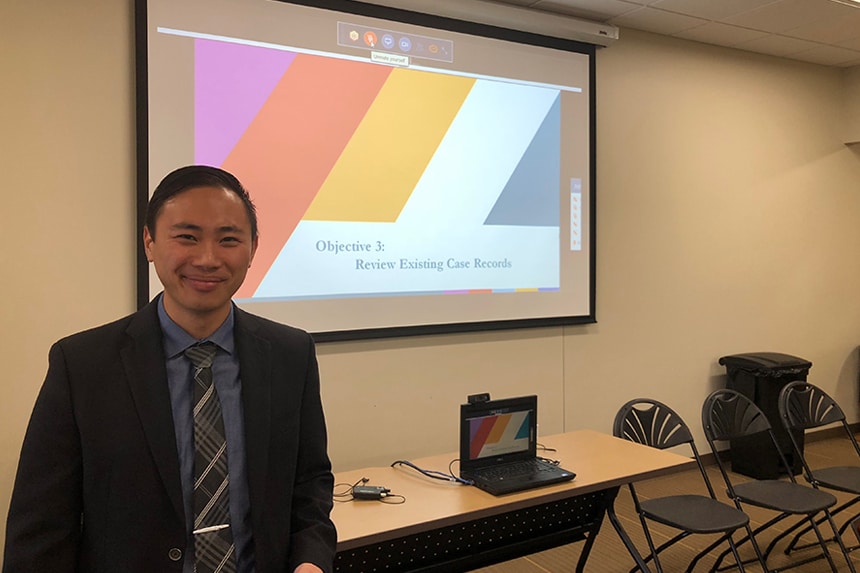 Nathan Furukawa (DHAP EISO 2018) presents findings to local partners during an Epi-Aid in the Cincinnati-metro area, 2018