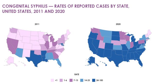 Two maps showing increases in the rates of congenital syphilis cases from 2011 to 2020 in nearly every state.