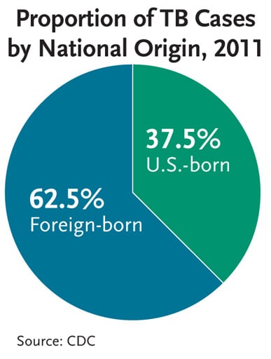 This pie chart shows the proportion of TB cases by national origin for 2011. 62.5 percent of TB cases occurred among foreign-born individuals, while 37.5 percent of TB cases occurred among US-born individuals. In fact, the TB rate among foreign-born persons (17.3/100,000) was 12 times higher than among U.S.-born persons (1.5).