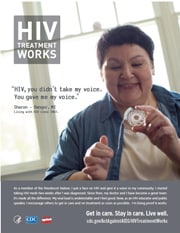 Small campaign image from HIV Treatment Works depicting Sharon (Bangor, ME) who has been living with HIV since 2003.
