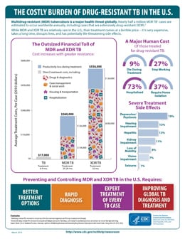 Thumbnail of infographic showing a charts depicting average treatment costs per case of TB, the major human costs of drug-resistant TB, severe side effects experienced by patients treated for drug-resistant TB, and an outline of the steps required to prevent and control MDR and XDR TB in the U.S. 