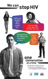 Thumbnail of a poster, One Conversation, showing four family members with bubbles messages about how they talk about HIV. 