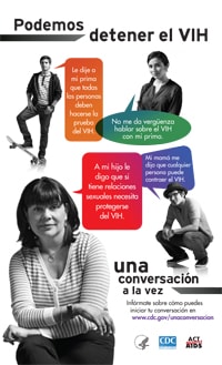 Thumbnail of a Spanish poster, Podemos detener el VIH, showing four family members with bubbles messages about how they talk about HIV. 