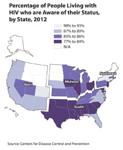 Thumbnail of U.S. map showing percentage of people living with HIV who are aware of their status by state, 2012.