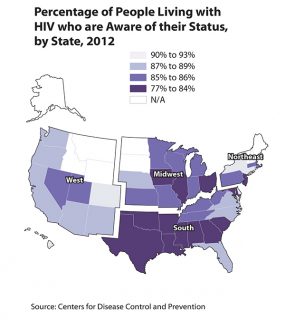 U.S. map showing percentage of people living with HIV who are aware of their status by state, 2012.