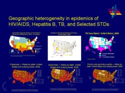Geographic heterogeneity in epidemics of HIV/AIDS, Hepatitis B, TB, and Selected STDs Six geographic charts of the United States showing that the incidence for HIV/AIDS, Hepatitis B, TB, Chlamydia, Gonorrhea, and Syphilis tends to be highest in Southern states.