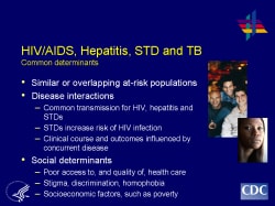 HIV/AIDS, Hepatitis, STD and TB Common determinants Similar or overlapping at-risk populations Disease interactions - Common transmission for HIV, hepatitis and STDs, e.g., sexual risk behaviors - STDs increase risk of HIV infection - Clinical course and outcomes influenced by concurrent disease Social determinants - Poor access to, and quality of, health care - Stigma, discrimination, homophobia - Socioeconomic factors, such as poverty