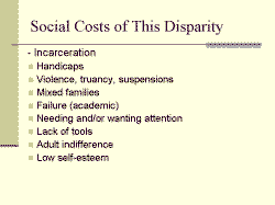 Social Costs of This Disparity - Incarceration Handicaps Violence, truancy, suspensions Mixed families Failure (academic) Needing and/or wanting attention Lack of tools Adult indifference Low self-esteem