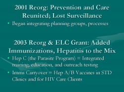 2001 Reorg: Prevention and Care Reunited; Lost Surveillance Began integrating planning groups, processes 2003 Reorg & ELC Grant: Added Immunizations, Hepatitis to the Mix Hep C (the Parasite Program) = Integrated training, education, and outreach testing Imms Carryover = Hep A/B Vaccines in STD Clinics and for HIV Care Clients