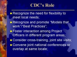 CDC’s Role Recognize the need for flexibility to meet local needs; Recognize and promote “Models that work”/“Best Practices”; Foster interaction among Project Officers in different program areas; Consider cross-training, joint site visits; Convene joint national conferences or overlap at same locale;