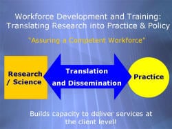 Workforce Development and Training: Translating Research into Practice & Policy “Assuring a Competent Workforce” Research / Science > Translation and Dissemination < Practice Builds capacity to deliver services at the client level!