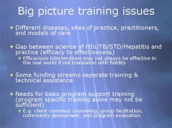 Big picture training issues Different diseases, sites of practice, practitioners, and models of care Gap between science of HIV/TB/STD/Hepatitis and practice (efficacy to effectiveness) Efficacious interventions may not always be effective in the real world if not translated with fidelity Some funding streams separate training & technical assistance Needs for basic program support training (program specific training alone may not be sufficient) E.g. client-centered counseling, group facilitation, community assessment, and program evaluation