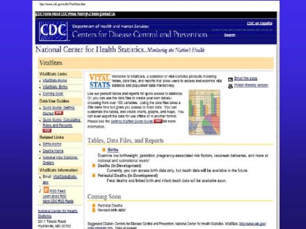 Picture of slide 16 as described above, which includes a picture of the National Center of Health Statistics Vital Stats web page