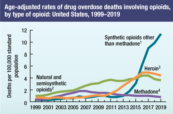 Figure 3 is a line graph that shows the age-adjusted drug overdose death rates for natural and semisynthetic opioids, synthetic opioids other than methadone, heroin, and methadone from 1999 through 2019