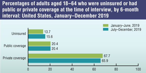 Figure 2 is a bar chart that showing the percentage of adults aged 18–64 who were uninsured or had public or private coverage at the time of interview, by 6-month interval in the United States, January–December 2019