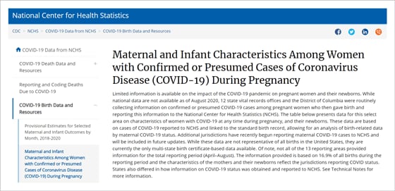 Graphic 4 is a screen shot of Maternal and Infant Characteristics Among Women with Confirmed or Presumed Cases of Coronavirus Disease (Covid-19) During Pregnancy from the NCHS Covid-19 web page.