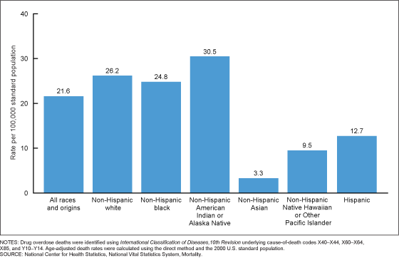 Figure 2 shows a bar chart displaying the death rates from drug overdoses for the overall population and for various race and Hispanic origin populations.
