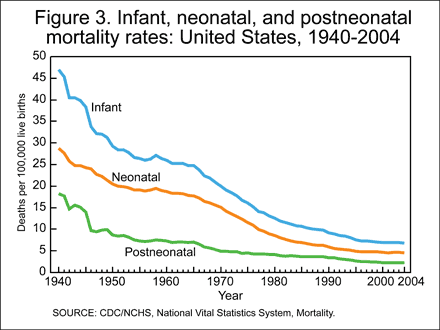 Figure 3 is a line chart showing infant, neonatal, and postneonatal mortality rates in the United States from 1940 to 2004