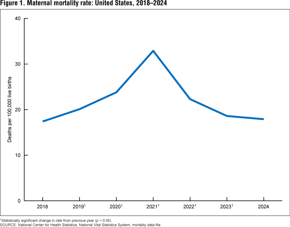 Figure 1 is a line graph of the maternal mortality rate in the United States in 2018&ndash;2024.