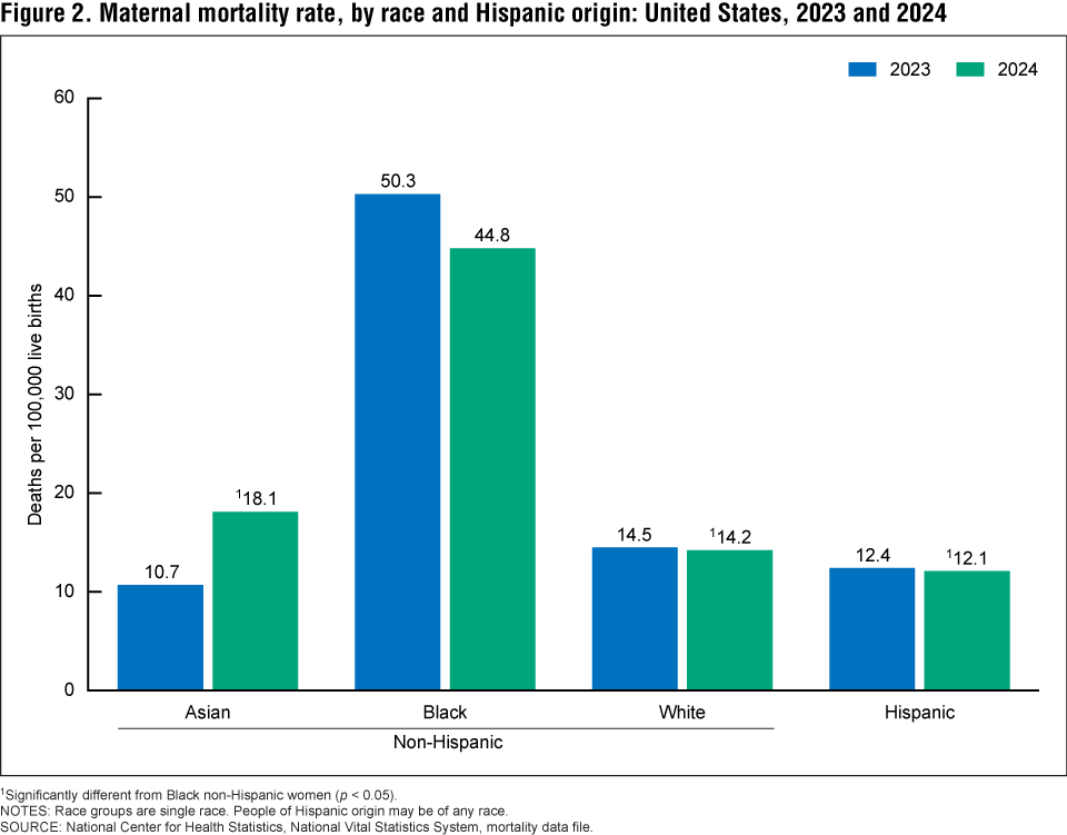 Figure 2 is a bar chart of the maternal mortality rate by race and Hispanic origin in the United States in 2023 and 2024.