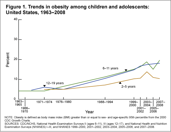 Figure 1 is a line graph showing trends in obesity prevalence in children and adolescents by age group from 1963–1965 through 2007–2008.