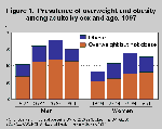 Figure 1 is a stacked bar chart showing prevalence of overweight and obesity among adults by sex and age in 1997
