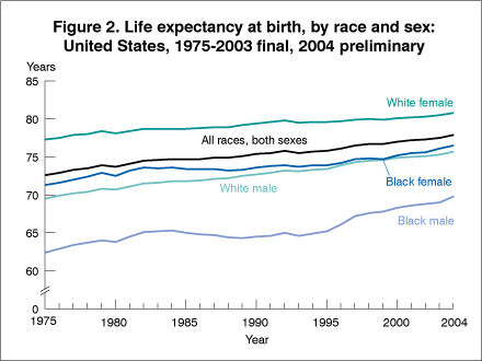 Figure 2 is a line chart showing life expectancy at birth, by race and sex, for the United States from 1975 to 2004