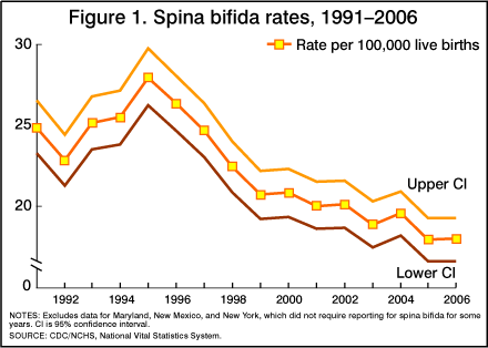 Figure 1 is a line graph showing spina bifida rates for 1991 through 2006 with upper and lower confidence intervals.