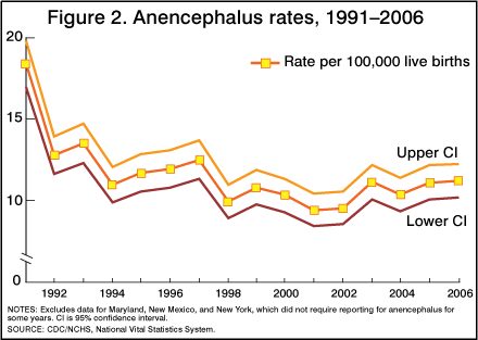 Figure 2 is a line graph showing anencephalus rates for 1991 through 2006 with upper and lower confidence intervals.