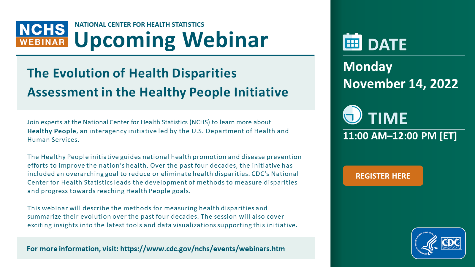 Image announcing upcoming webinar on Healthy People initiative. Monday, November 14, 2022 from 11 am—12 pm. Register