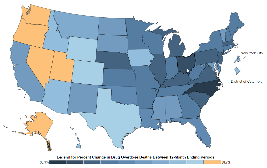Map of the United States. Counties shown in different shades of blue and orange. Image does not show current data.