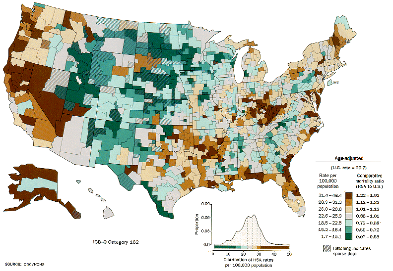 Map for lung cancer, white females
