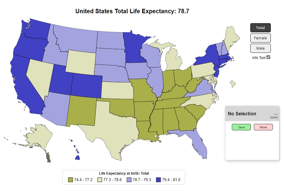 U.S. Life Expectancy at Birth by State and Sex for 2020