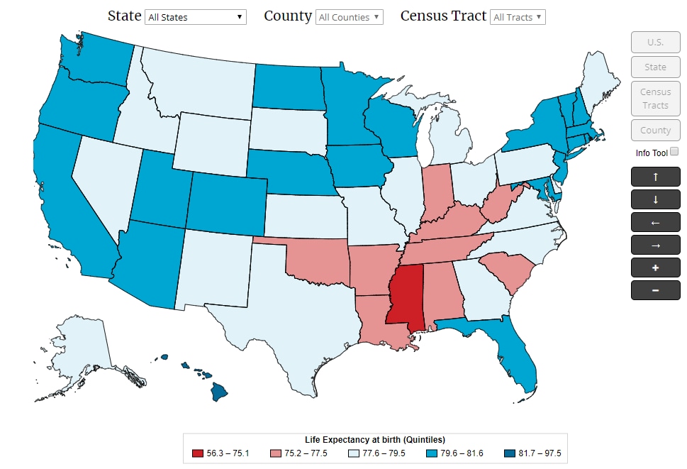 Life Expectancy at Birth for U.S. States and Census Tracts, 2010 through 2015