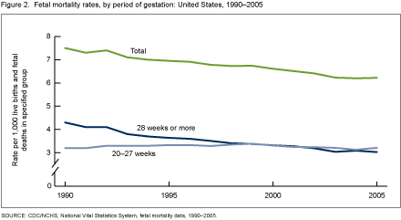 Figure 2 is a line graph showing fetal mortality rates by period of gestation from 1990 to 2005.