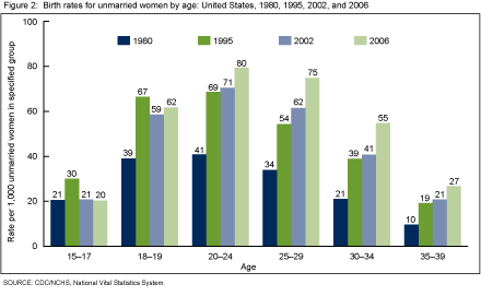 Figure 2 is a bar chart showing birth rates for unmarried women by age for 1980, 1995. 2002 and 2006.