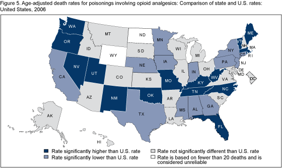 Figure 5 is a United States map showing comparison of state and U.S. age-adjusted death rates for poisoning involving opioid analgesics in 2006.