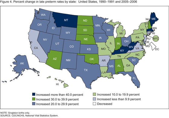 Figure 4.  Percent change in late preterm birth rates by state of residence of mother in the United States for combined years 1990-1991 and 2005-2006.