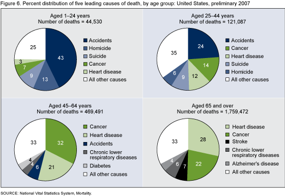 Figure 6 shows four pie charts each with five leading causes of death for different age groups in 2007.