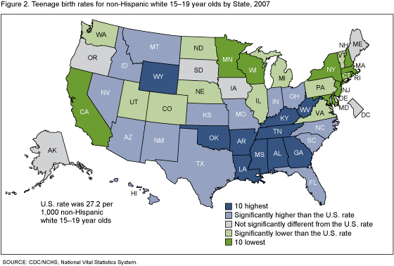 Figure 2 is a map showing non-Hispanic white teen birth rates by state for 2007.