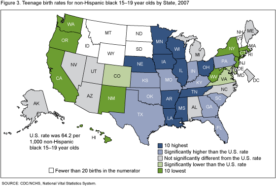 Figure 3 is a map showing non-Hispanic black teen birth rates by state for 2007.