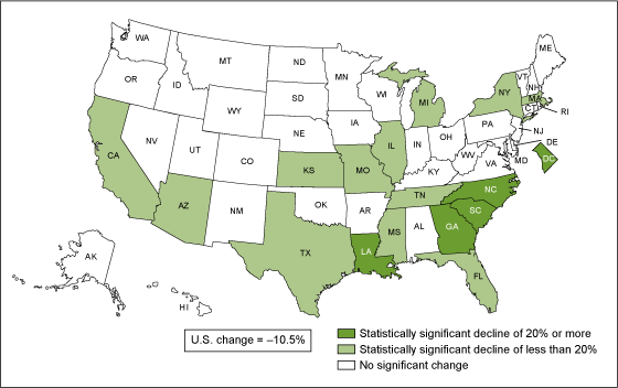 Figure 4 is a United States map showing the percent change in infant mortality rates by state from 2005 to 2010.